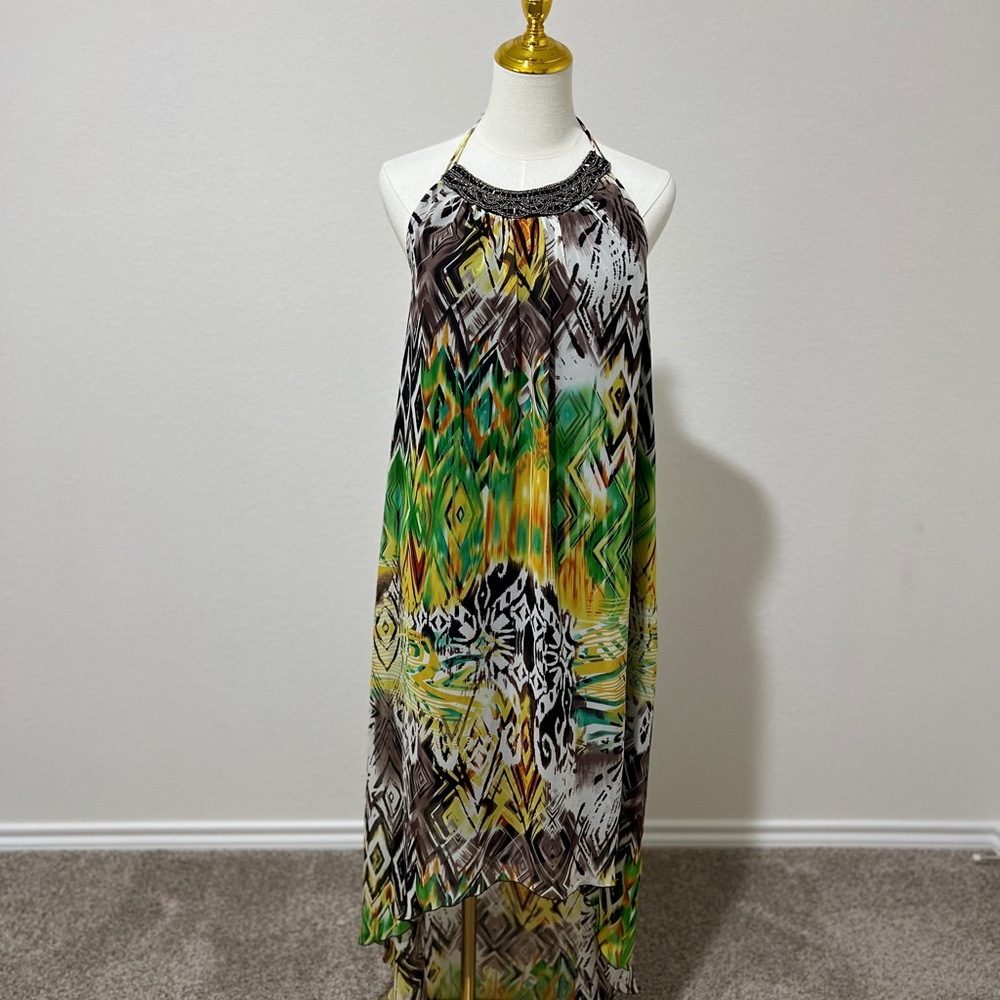 Allen B. Discontinued Tropical High Low Dress